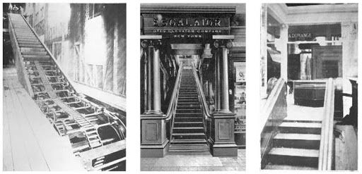Resultat d'imatges de 1859 The escalator is patented. However, the first working escalator appeared in 1900. Manufactured by the Otis Elevator Company for the Paris Exposition, it was installed in a Philadelphia office building the following year